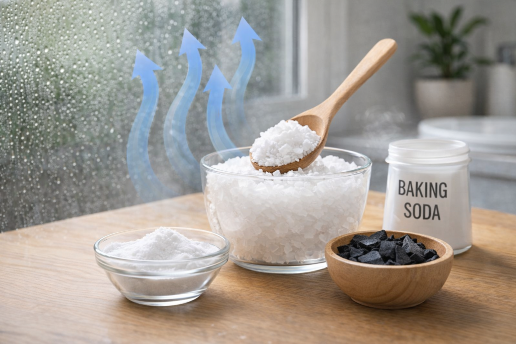 Common household materials like salt, baking soda and charcoal can help reduce humidity naturally in small areas.