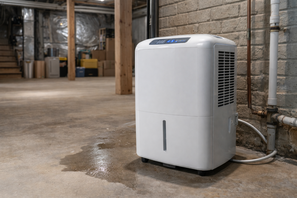 Basement dehumidifier controlling indoor humidity levels