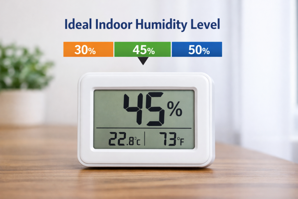 Ideal indoor humidity level between 30 and 50 percent shown on digital hygrometer