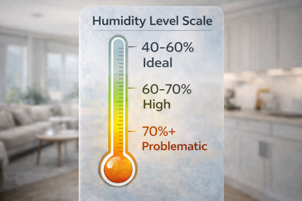 indoor humidity levels chart showing ideal high and problematic ranges
