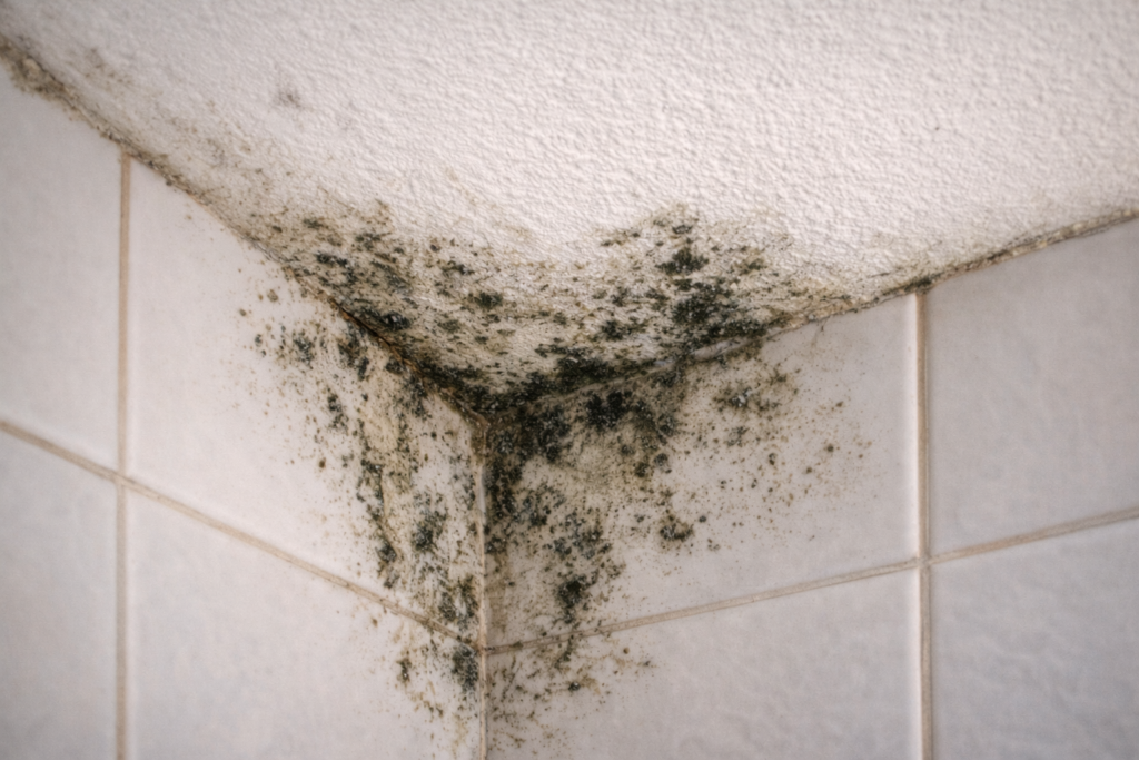 mold growth in bathroom corner caused by high humidity