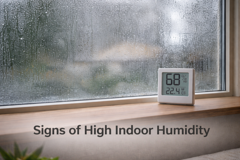 signs your home has high humidity condensation on window with hygrometer reading 68 percent