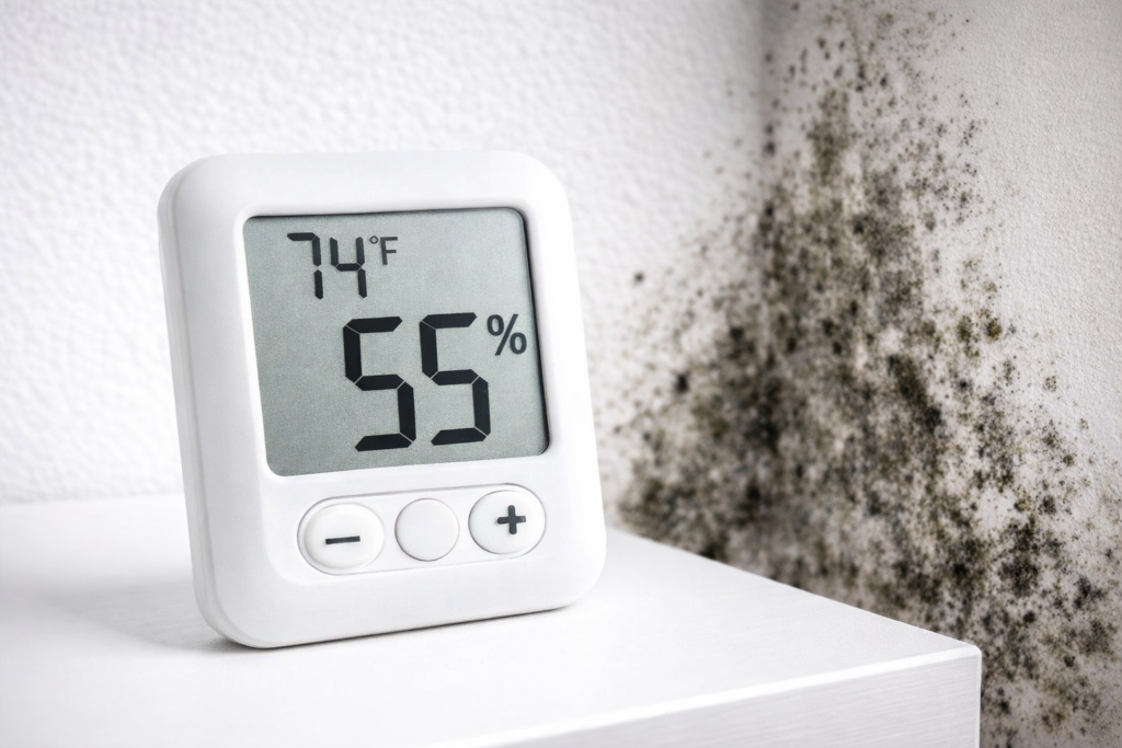 digital hygrometer showing 55 percent humidity with mold growing on wall
