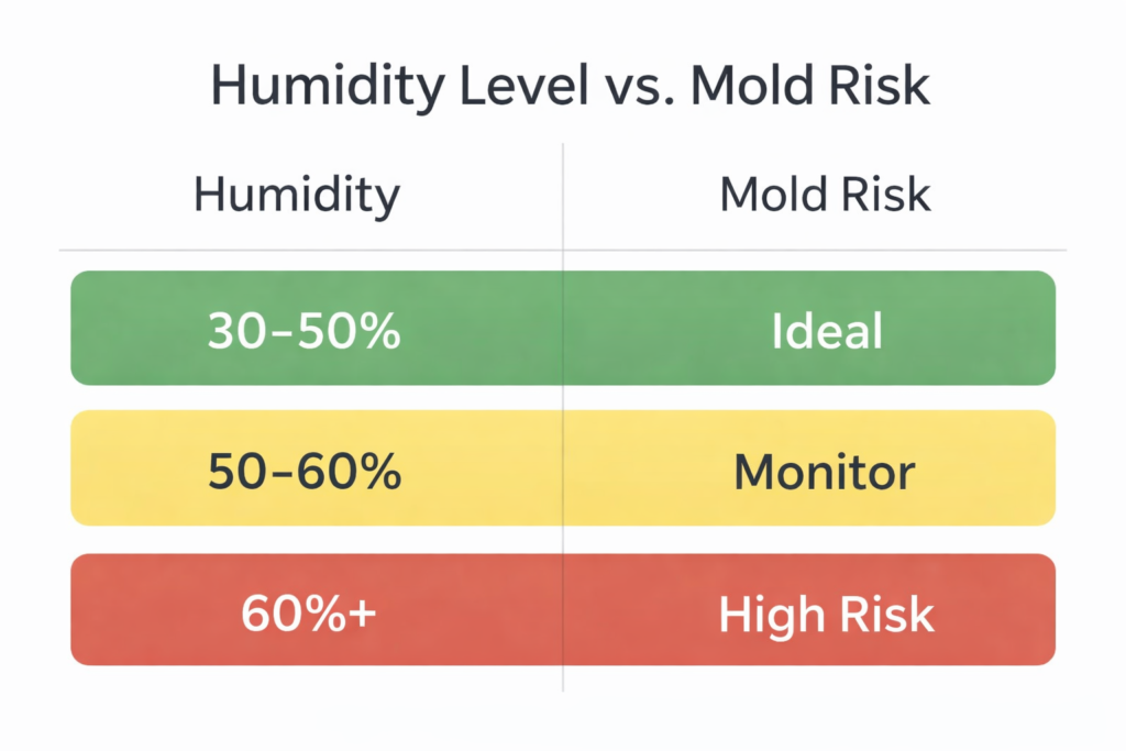 humidity level vs mold risk chart showing ideal indoor humidity between 30 and 50 percent