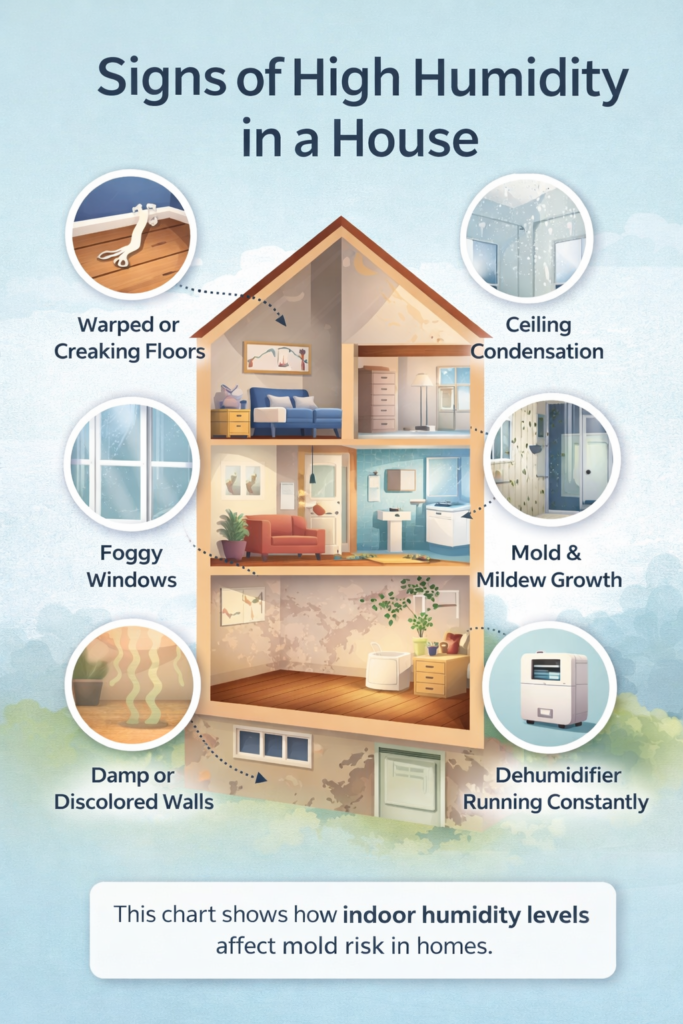 signs of high humidity in a house including condensation mold and damp walls