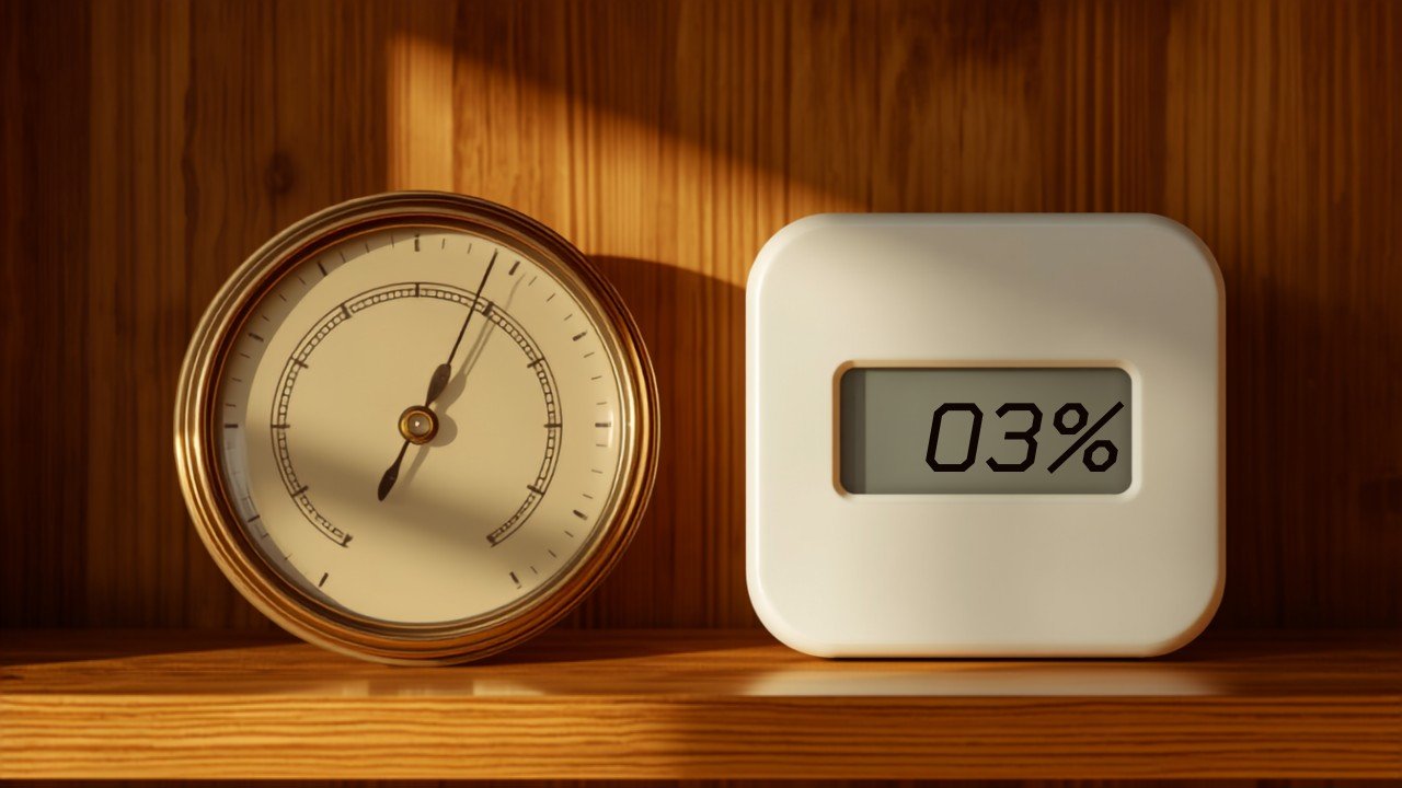 Analog dial hygrometer next to a digital hygrometer
