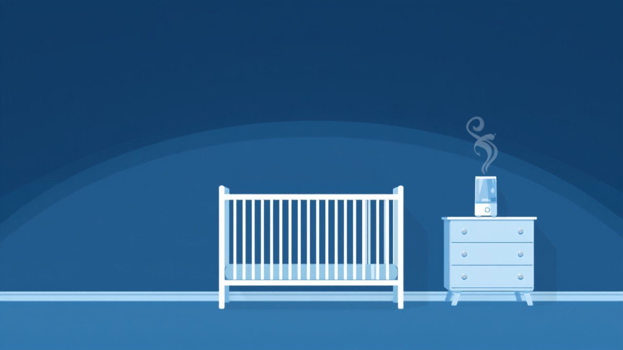 A cool mist humidifier running near a crib in a baby's nursery