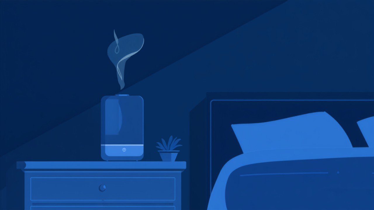 Cool mist humidifier running on a dresser near the bed to raise bedroom humidity