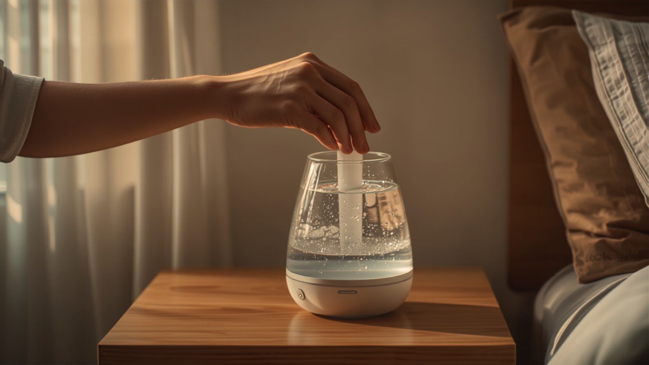 Checking humidifier water tank level on nightstand