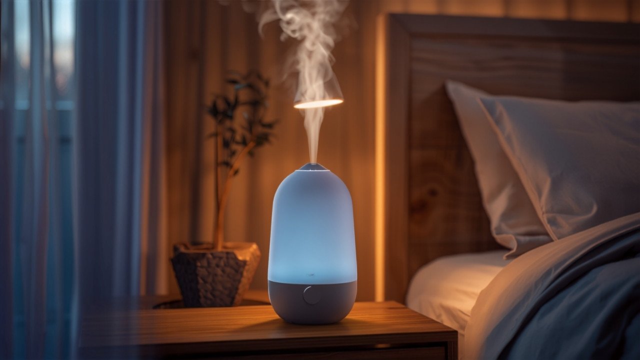 A cool mist ultrasonic humidifier releasing visible mist on a bedroom nightstand