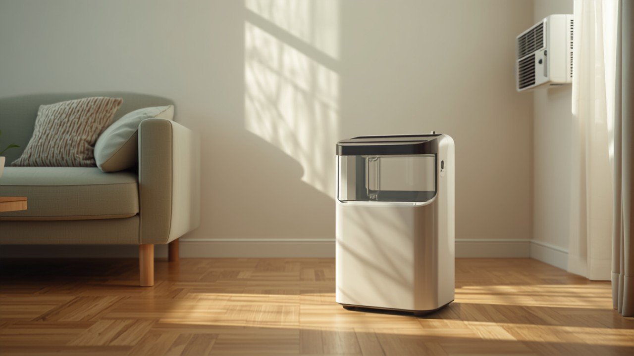 Portable dehumidifier and window AC unit in the same living room