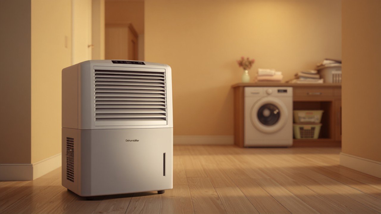 Dehumidifier running in a basement laundry area