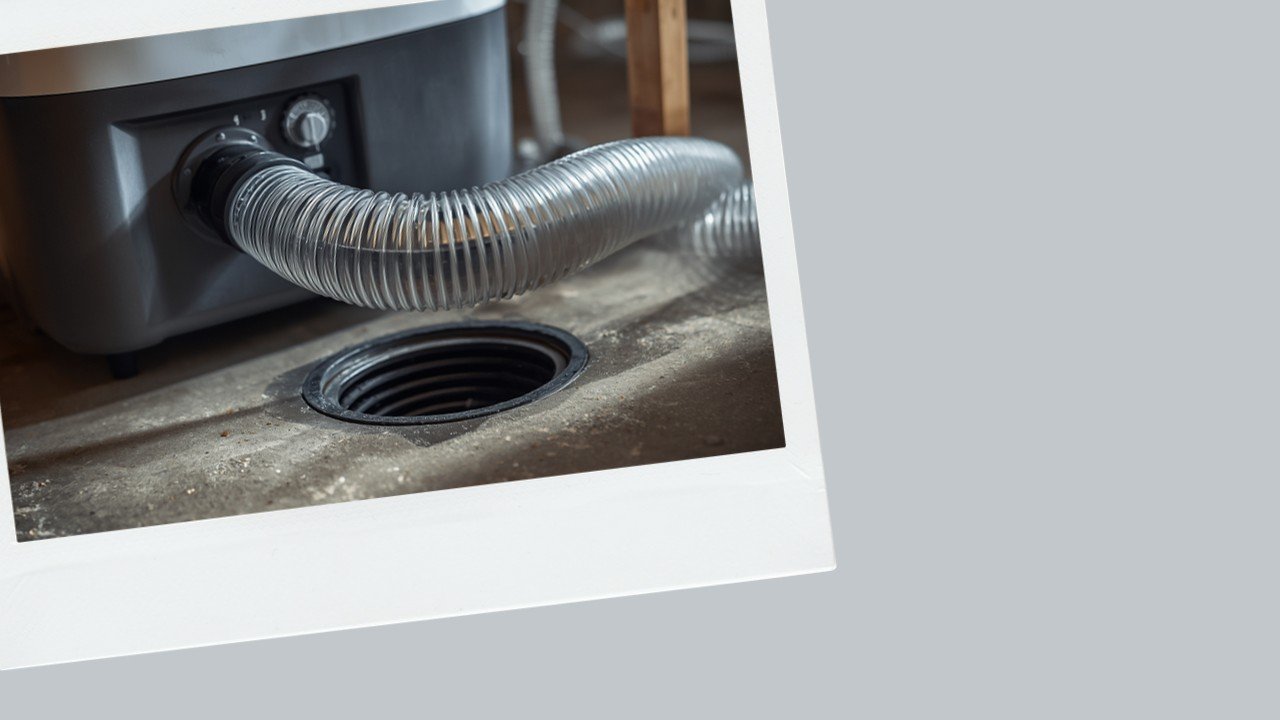 Drain hose connected from dehumidifier to a basement floor drain
