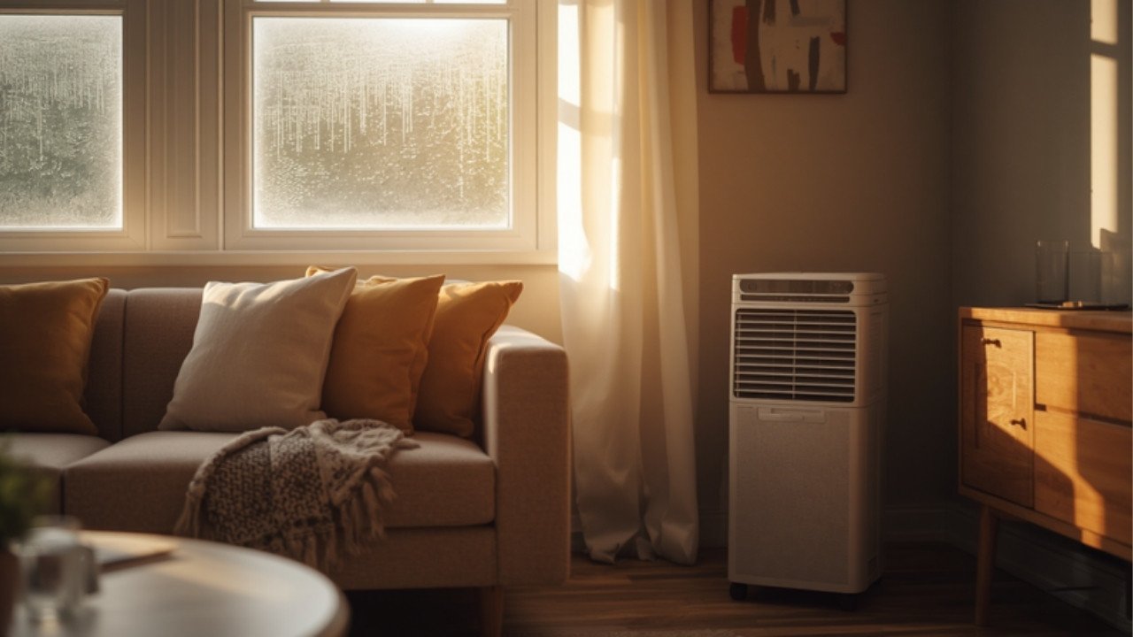 A dehumidifier running in a living room near a window with condensation
