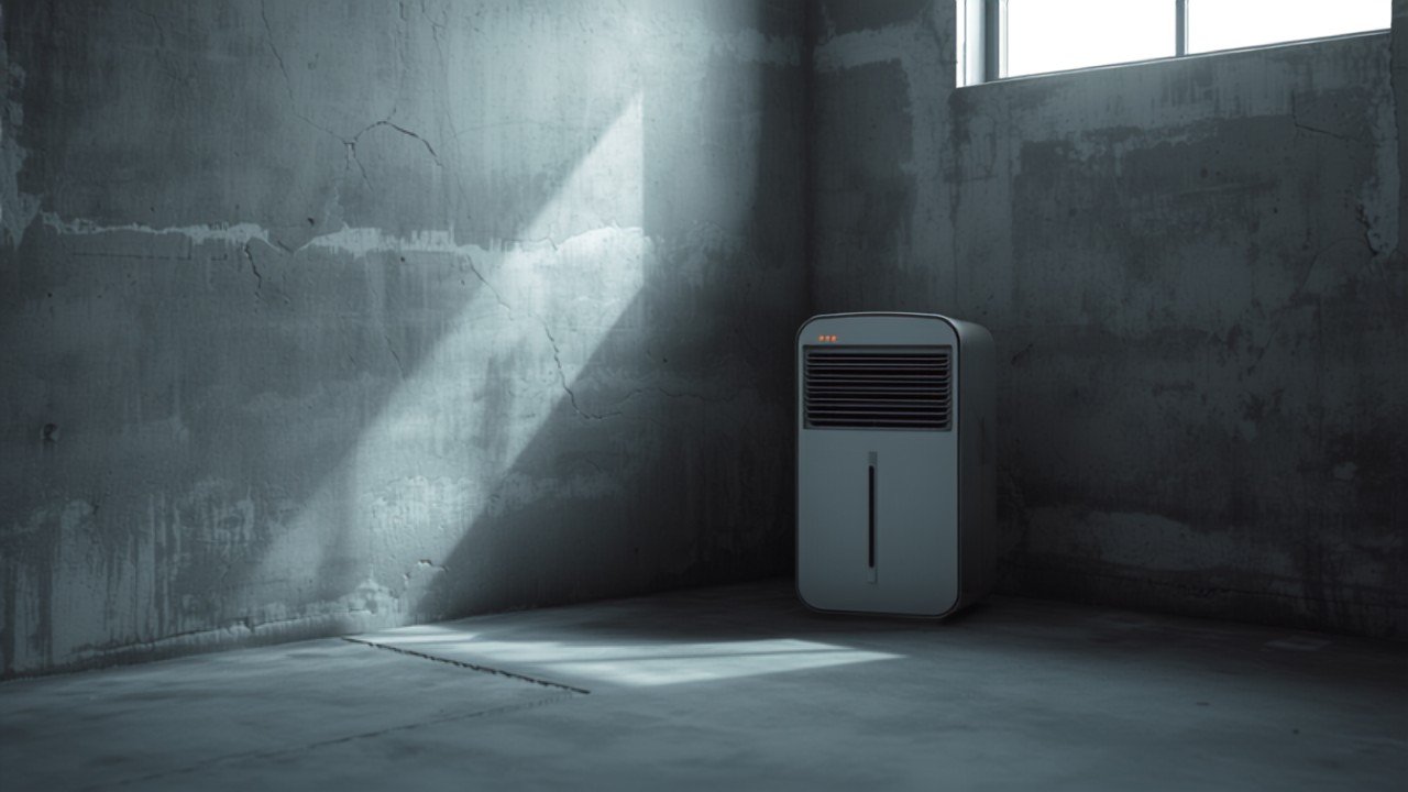 Dehumidifier running in a basement corner