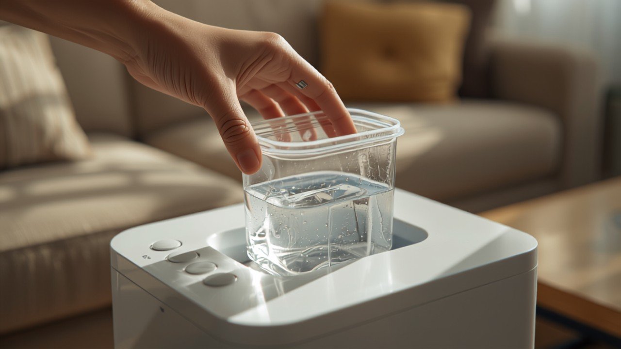 Checking the water tank on a portable dehumidifier