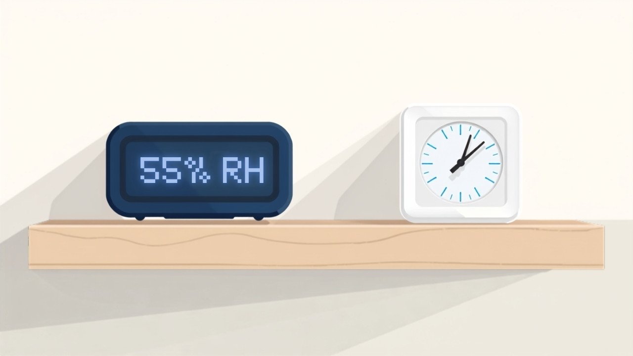 Digital hygrometer showing 55% relative humidity next to an analog dial hygrometer