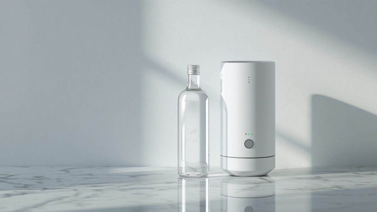 A bottle of distilled water next to a humidifier to prevent white dust