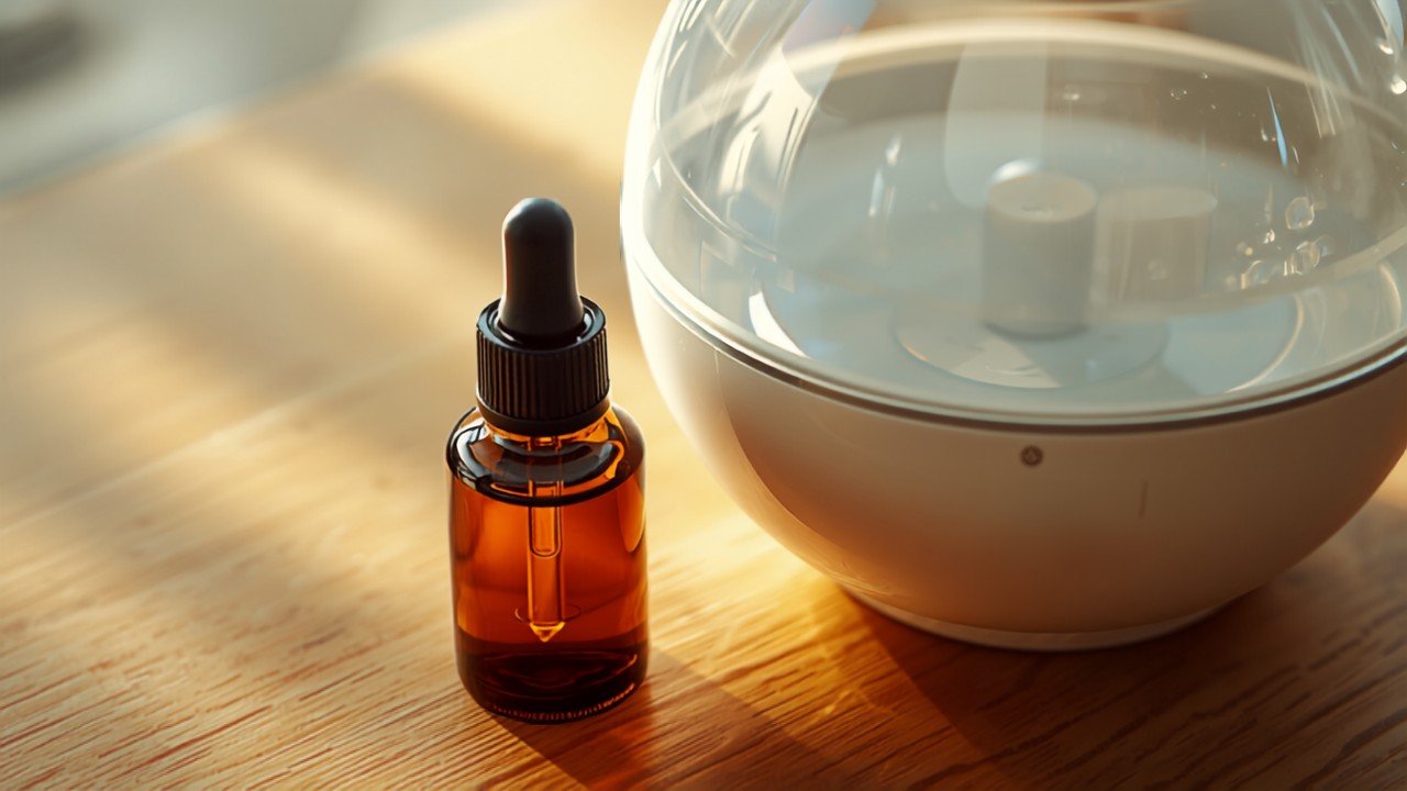 Essential oil bottle next to a humidifier water tank