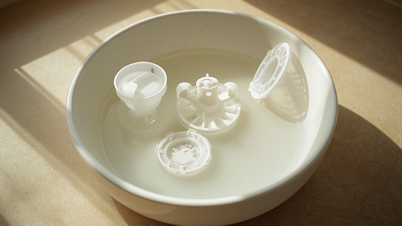 Disassembled humidifier parts soaking in white vinegar solution