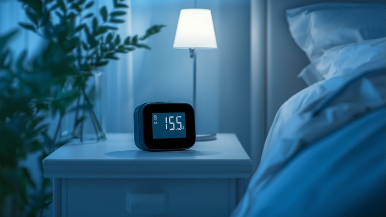Hygrometer on a bedroom nightstand for measuring humidity level for sleeping