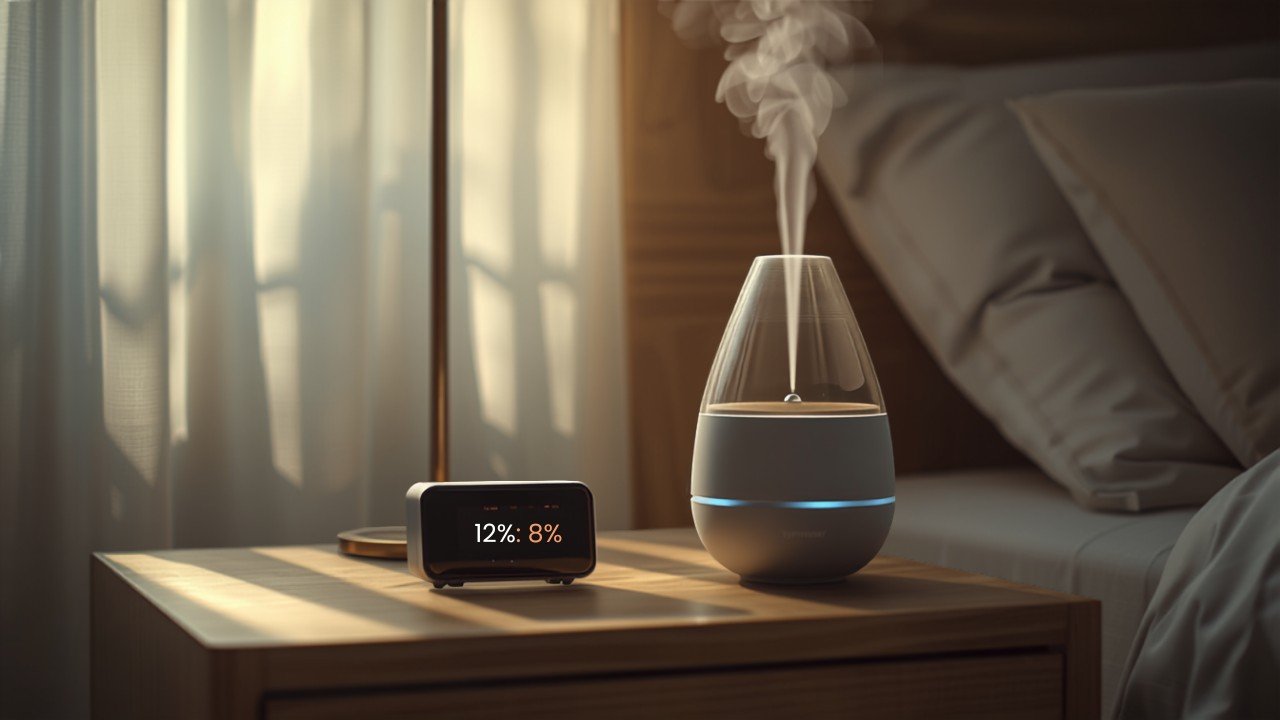 Hygrometer showing humidity reading next to a running humidifier