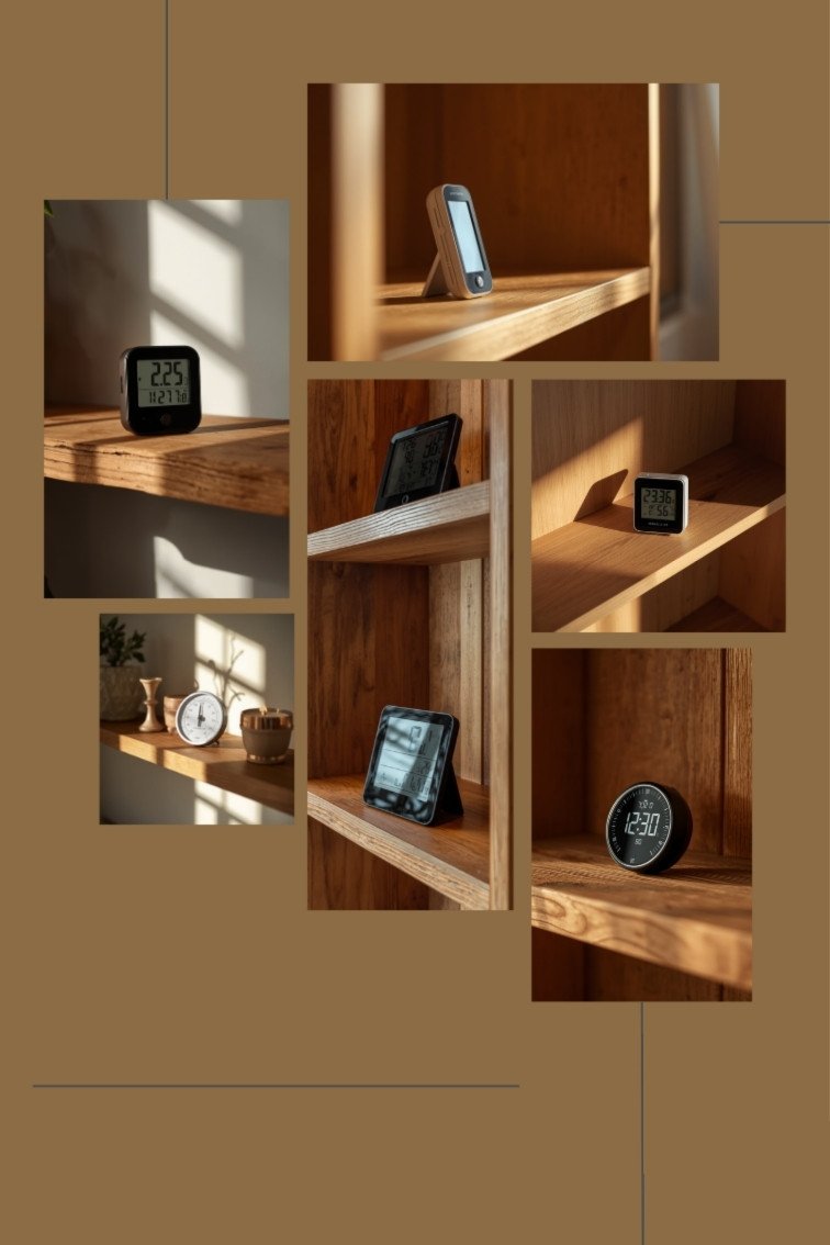 Hygrometer placed on a shelf away from windows and vents for an accurate reading