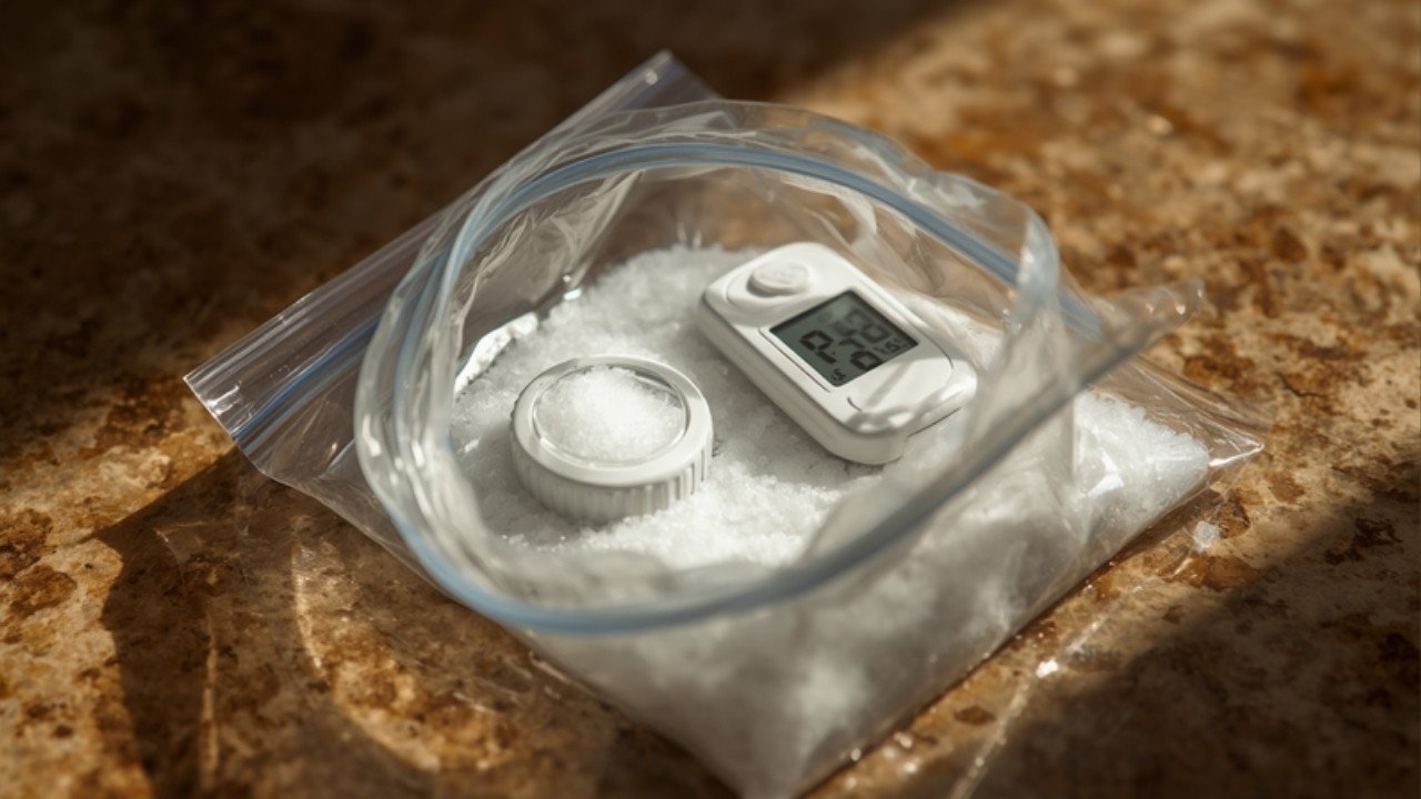 Salt test calibration setup with a digital hygrometer in a sealed bag