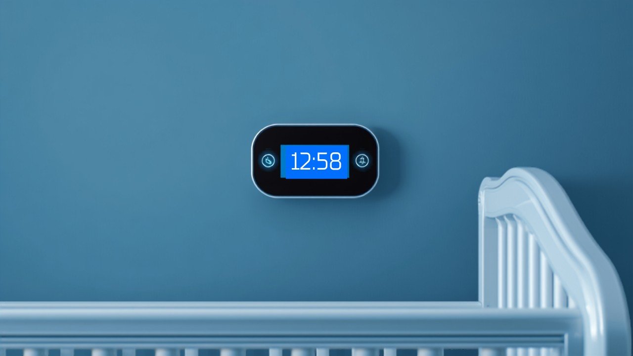 A digital monitor tracking temperature and humidity in a baby nursery