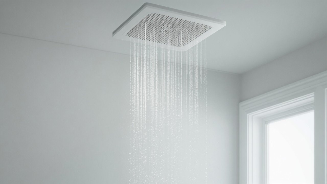 A rain shower head running in a bathroom, the main humidity source that leads to mold