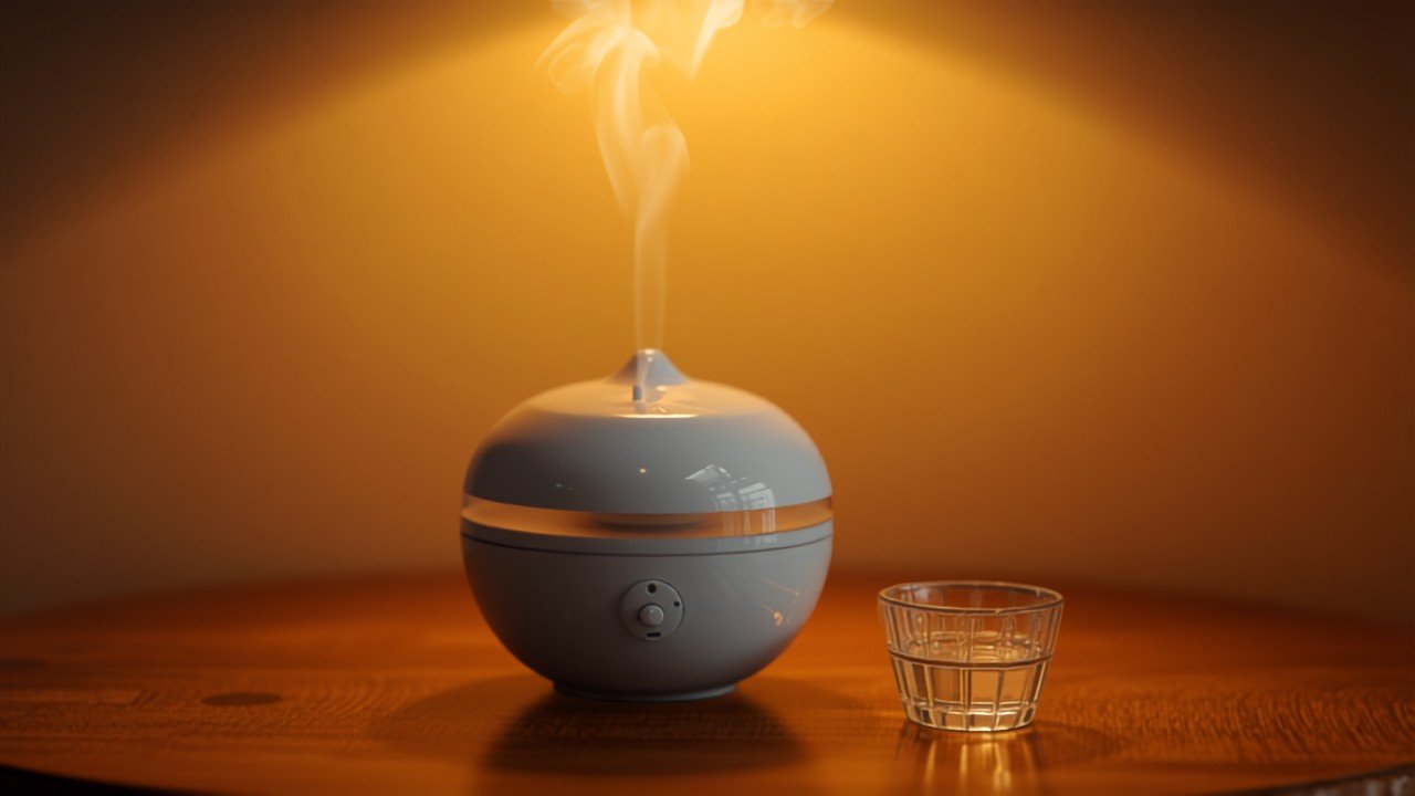 Steam vaporizer with medicine cup on a nightstand