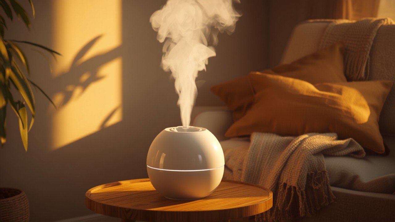 A warm mist humidifier vaporizer releasing visible steam in a living room