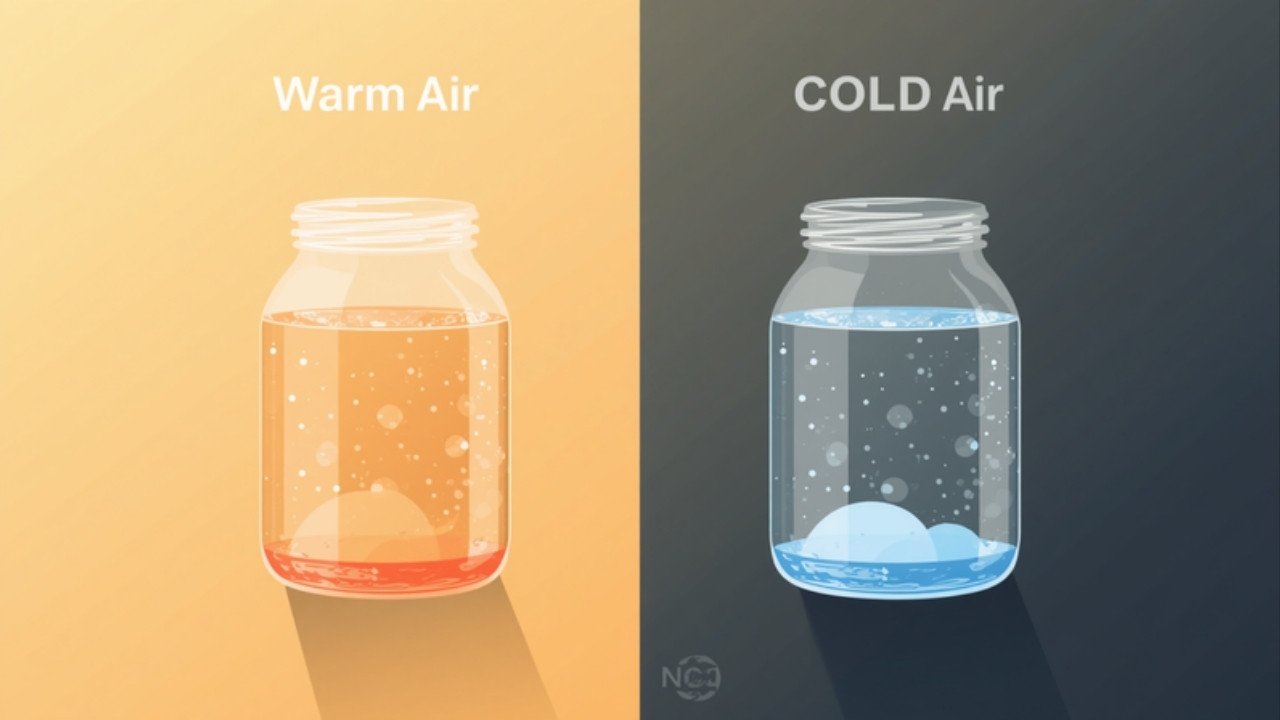 Illustration comparing warm air and cold air holding different amounts of water vapor