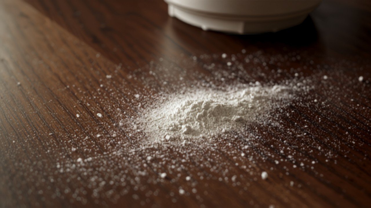 White mineral dust residue from a humidifier settling on wood furniture