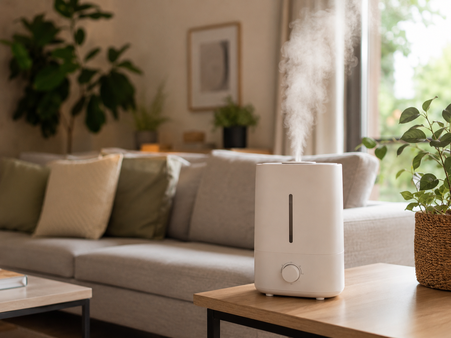 White humidifier releasing mist on a wooden table in a modern living room with a couch and plants