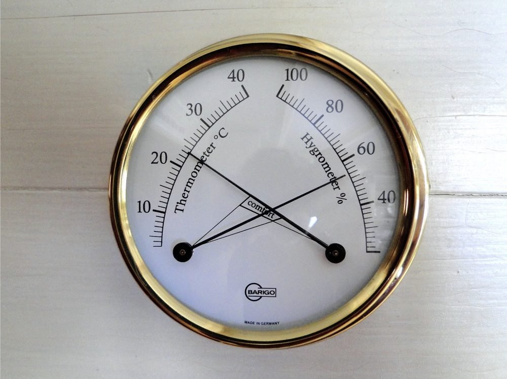 Analog thermometer and hygrometer dial showing humidity percentage