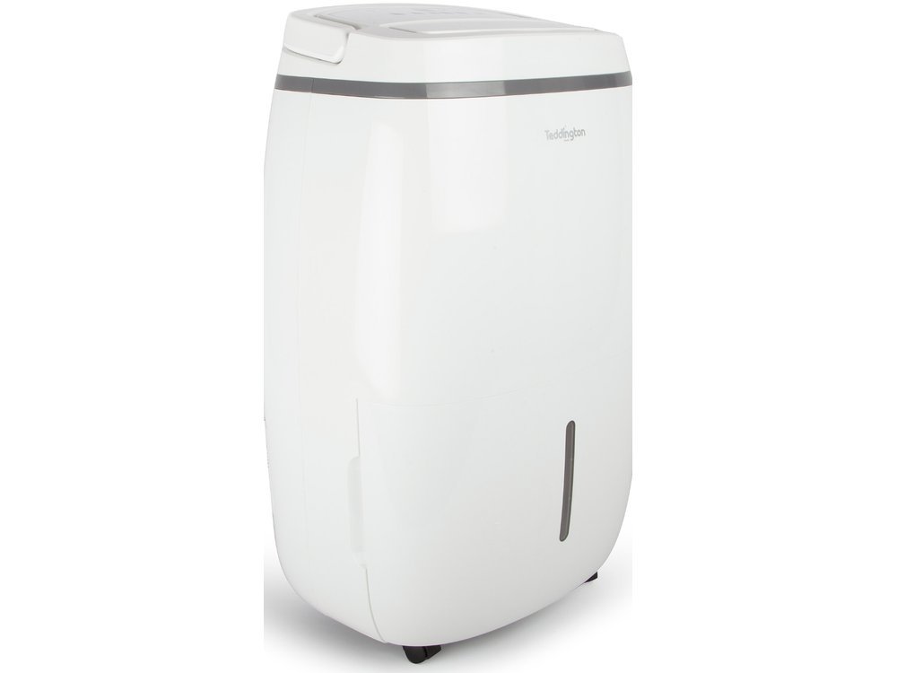 Real portable dehumidifier appliance with digital control panel and water tank, standing on a white background